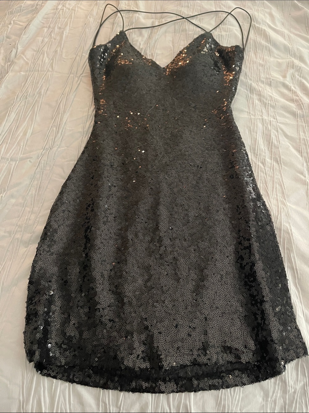 B Darlin Black Sequin Mini Dress with Spaghetti Straps